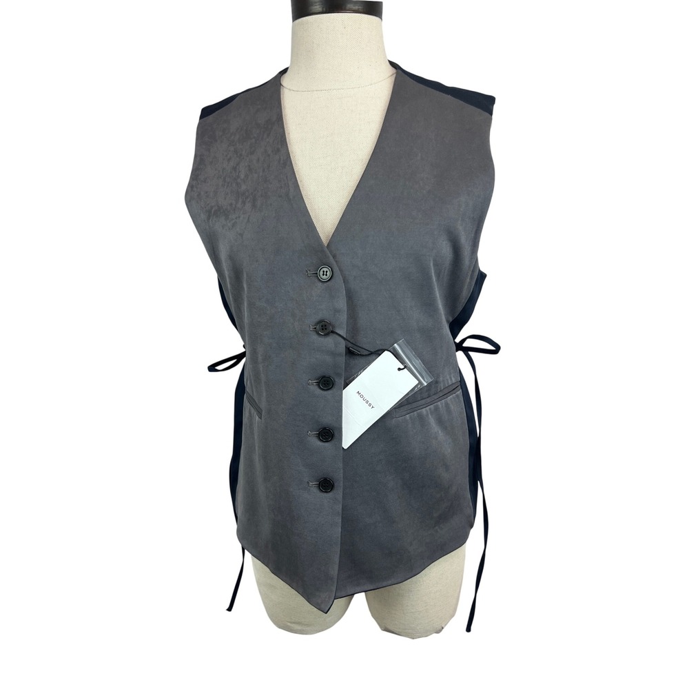 MOUSSY Mixed Media Vest One Size Grey NWT Side Tie Waistcoat 010EA230-6640